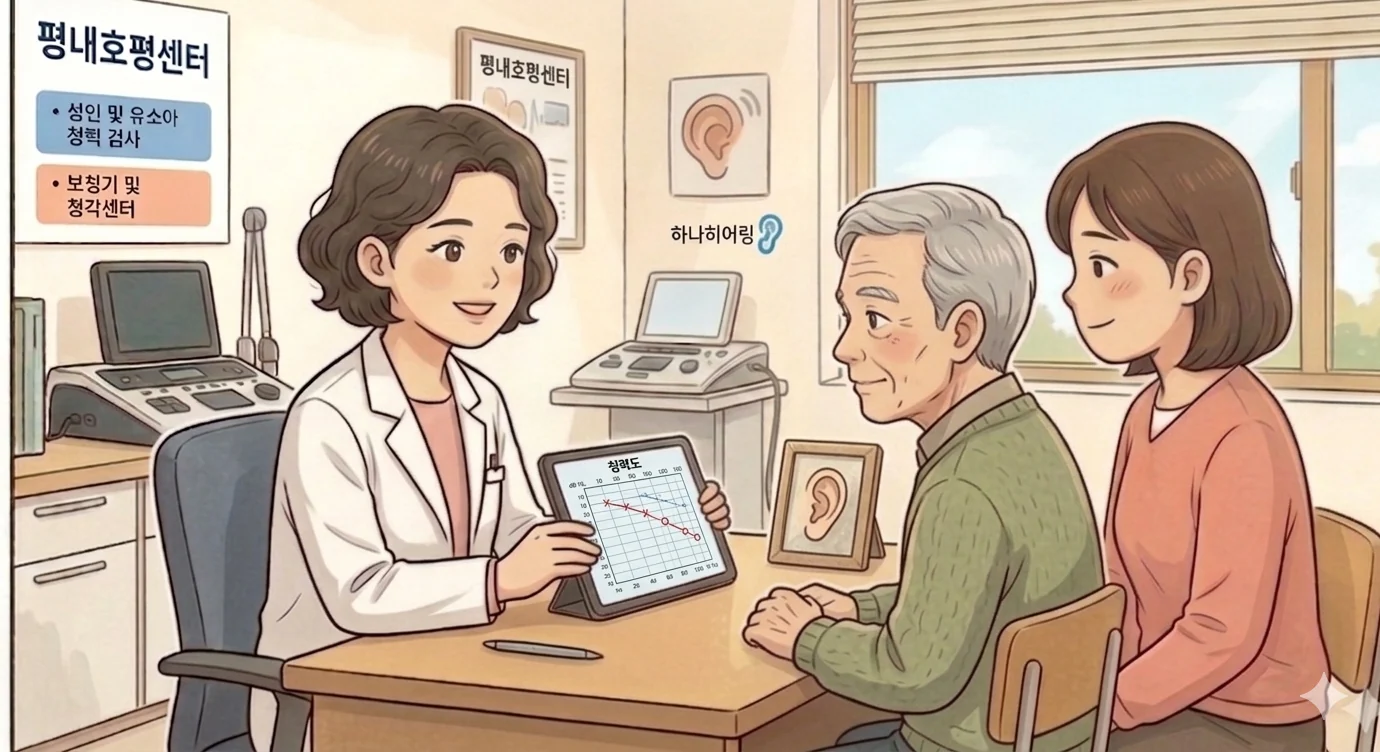 부모님과 가족이 상담자의 검사 결과 설명을 함께 듣는 일러스트